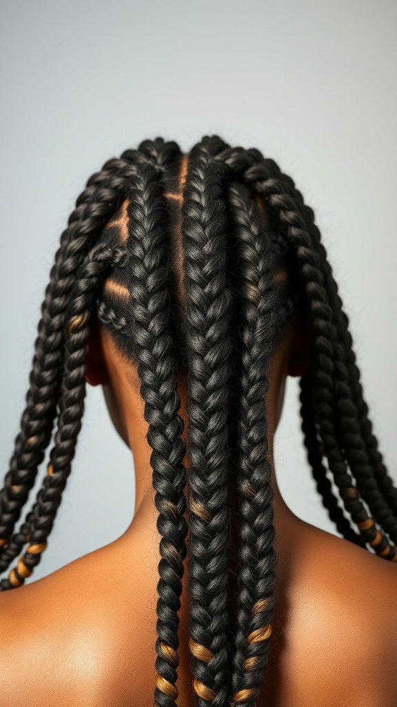 A close-up view of long knotless braids with an ombre effect, showcasing a blend of dark and lighter shades.