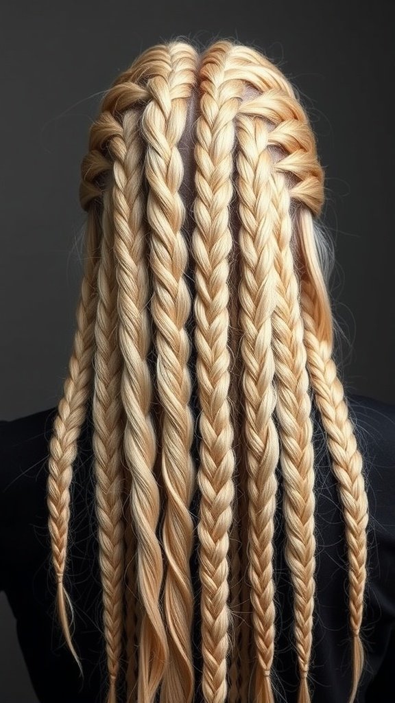Blonde knotless braids with an ombre effect, showcasing a gradient from dark roots to lighter tips.