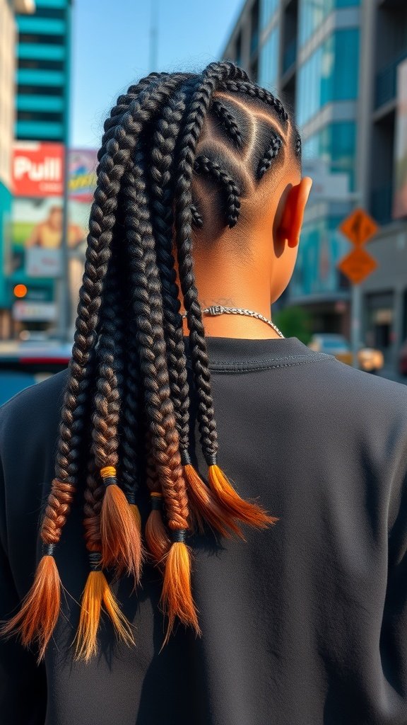 A person with knotless braids featuring ombre tips, showcasing a stylish hairstyle.