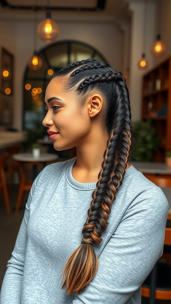 A woman with knotless braids featuring ombre tips, showcasing a stylish and modern look.