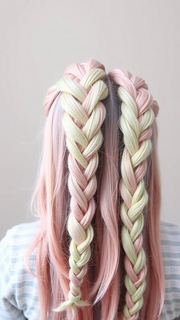 Two knotless braids in pastel pink and green colors