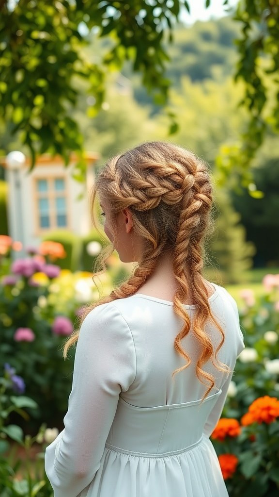 A woman with knotless braids and curly ends, standing in a garden filled with colorful flowers.