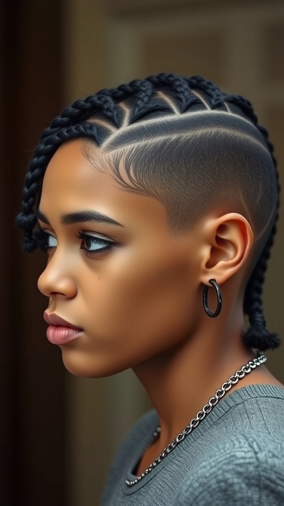 A close-up of a person with knotless box braids and shaved sides, showcasing a stylish and modern hairstyle.