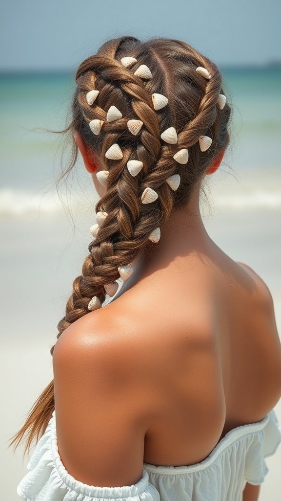A woman with knotless braids decorated with white shells, standing by the beach.