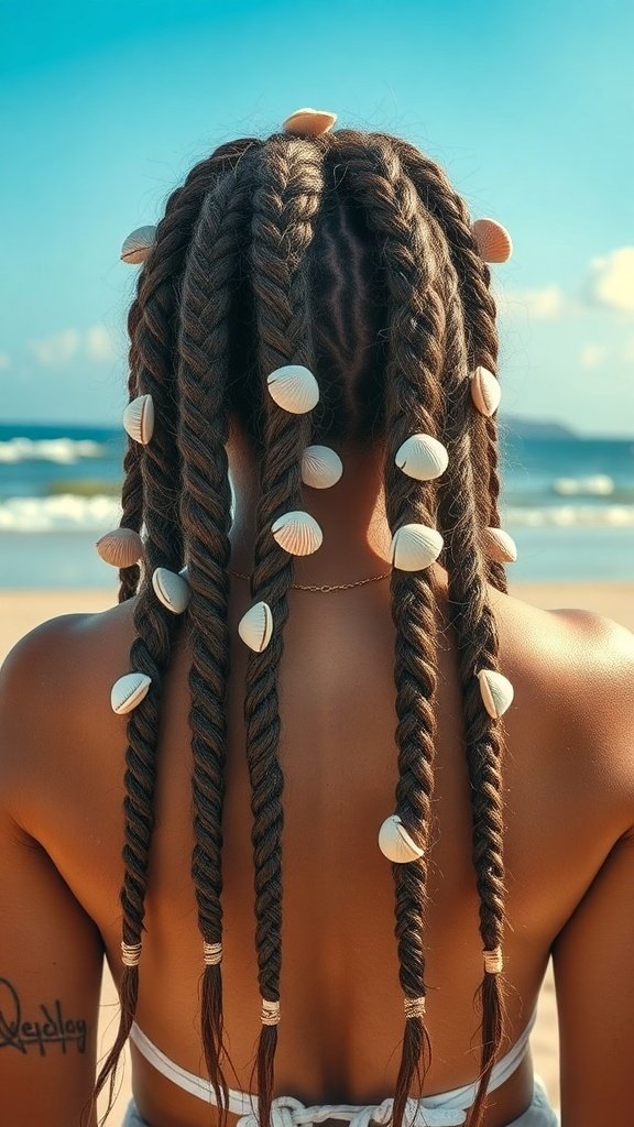 Knotless braids with shell accessories on a beach