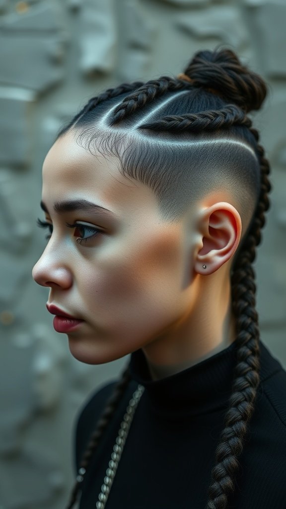 A woman with knotless braids styled in a bun and a shaved side, showcasing a bold and modern hairstyle.