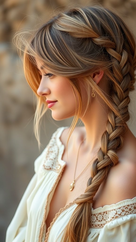 A woman with knotless braids styled with side swept bangs, wearing a light-colored blouse and delicate earrings.