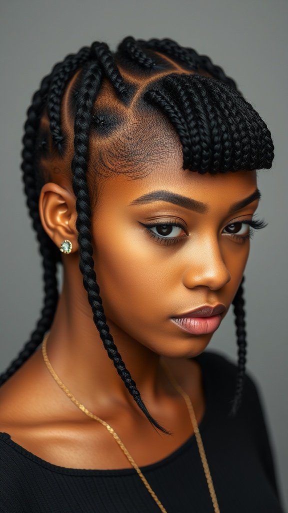 A close-up of a woman with knotless box braids styled with side-swept bangs.