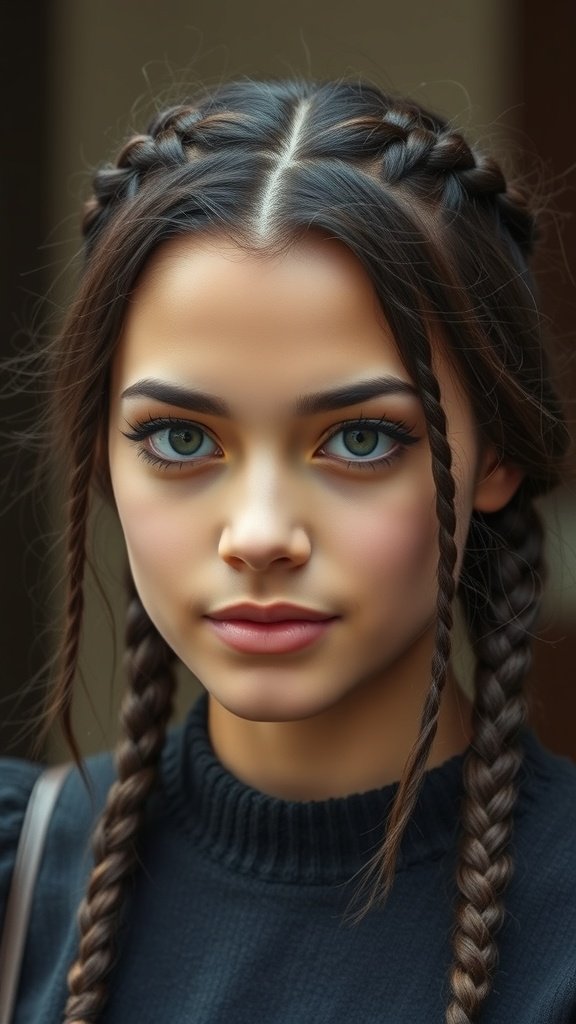 A close-up of a young woman with knotless braids and side-swept bangs, showcasing a stylish hairstyle.