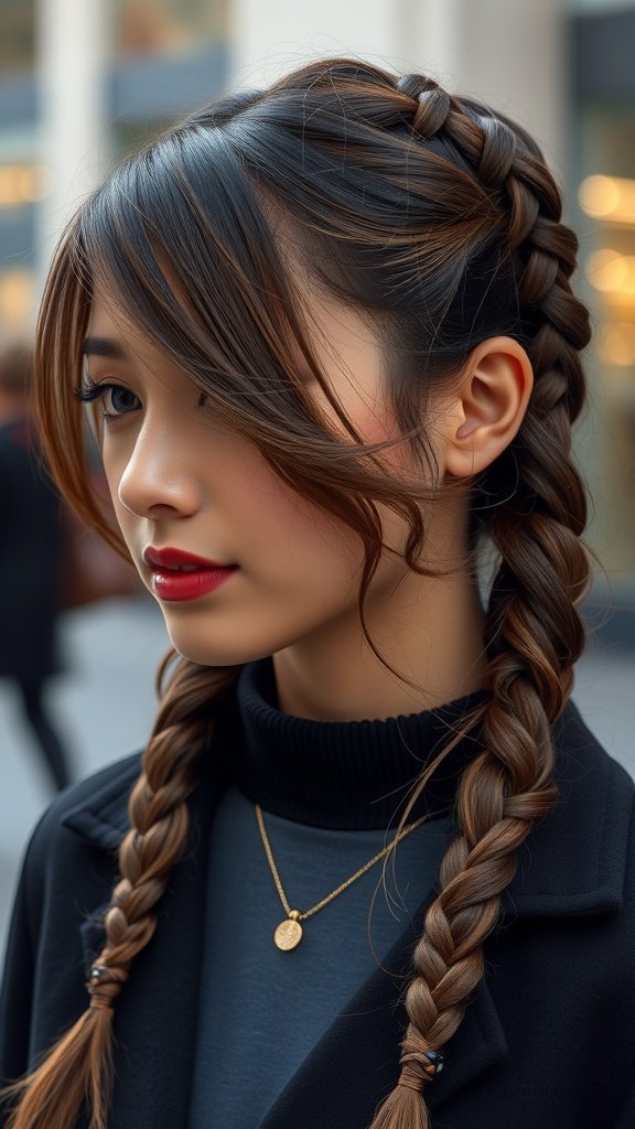 A close-up of a person with knotless braids and side-swept bangs, showcasing a stylish hairstyle.