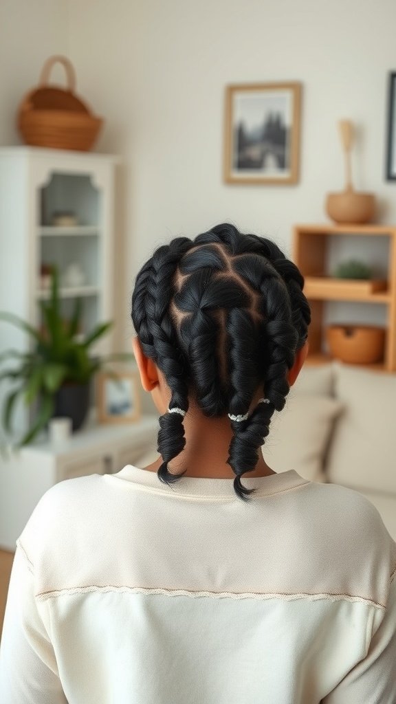 A person with knotless braids styled with soft spiral curls at the ends, viewed from the back.
