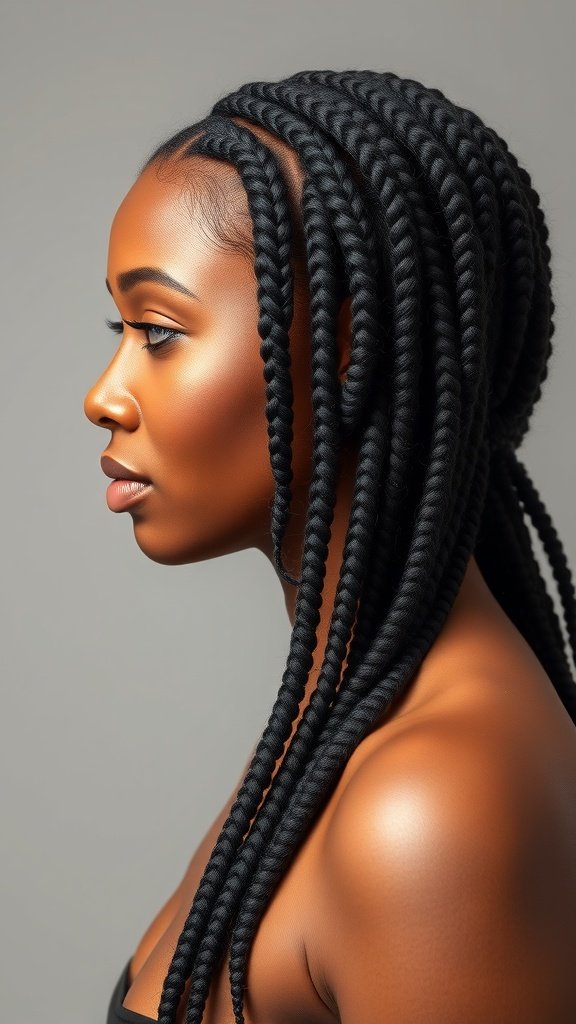 A profile view of a woman with knotless braids that transition into spiral curls at the ends.