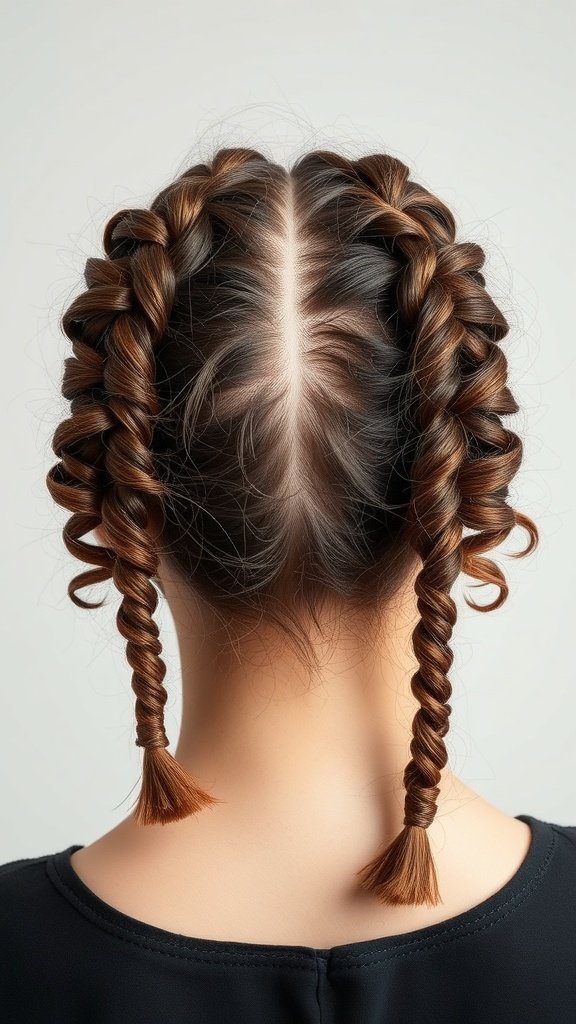 A close-up view of two knotless braids with spiral curls at the ends, showcasing a stylish hairstyle.
