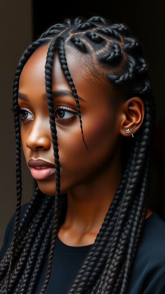 A close-up of a person with knotless braids featuring subtle highlights.