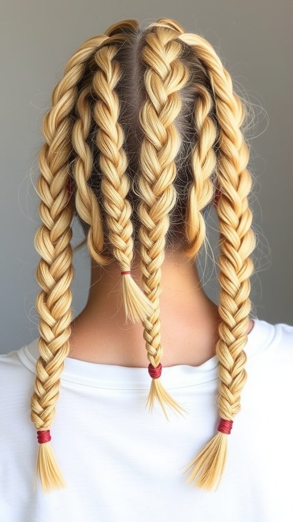 Blonde knotless braids with subtle highlights and red hair ties