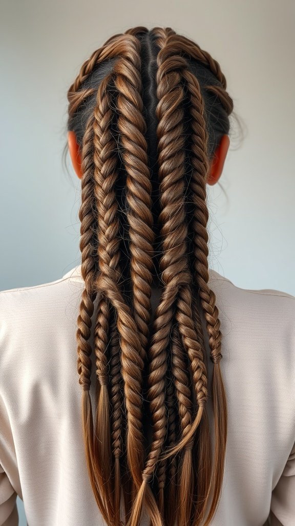 A close-up view of a woman's back showcasing knotless braids styled with subtle layers.