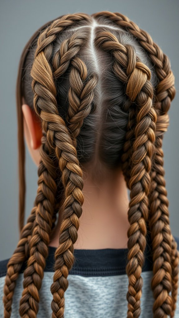 A close-up view of a person's back showing knotless braids with twisted accents.