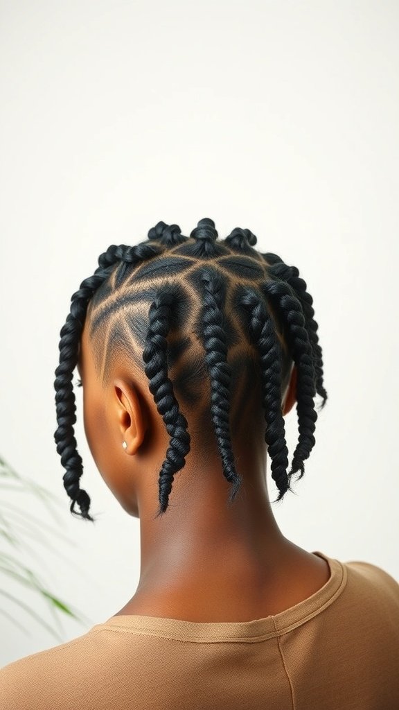 A close-up view of a woman's head showing knotless braids with twisted ends, styled neatly.