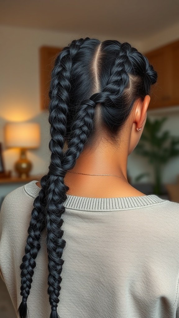 A woman with knotless braids featuring twisted sections, showcasing a stylish hairstyle.