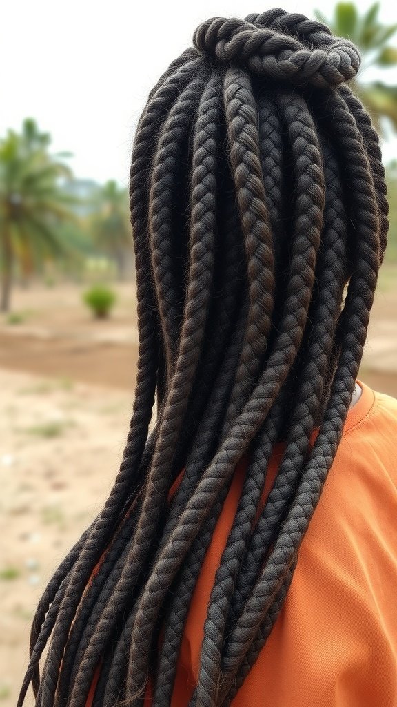 A person with long knotless braids styled with a twist at the top, showcasing a unique hairstyle.