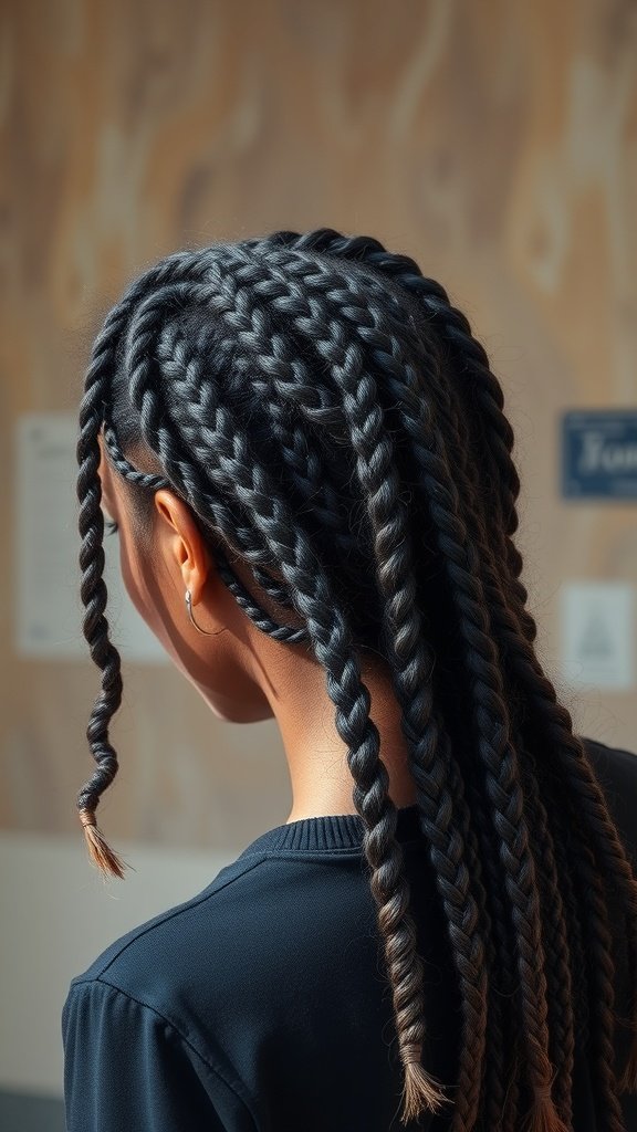 A woman with knotless braids that transition into twists, showcasing a stylish hairstyle.