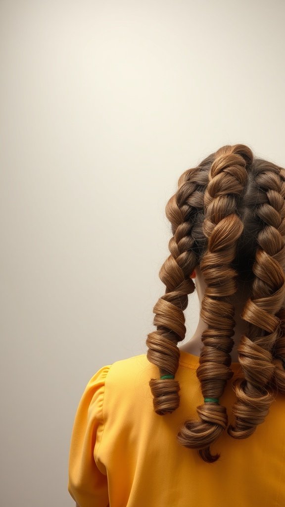 A person with knotless braids styled into vintage curls at the ends, wearing a yellow top.