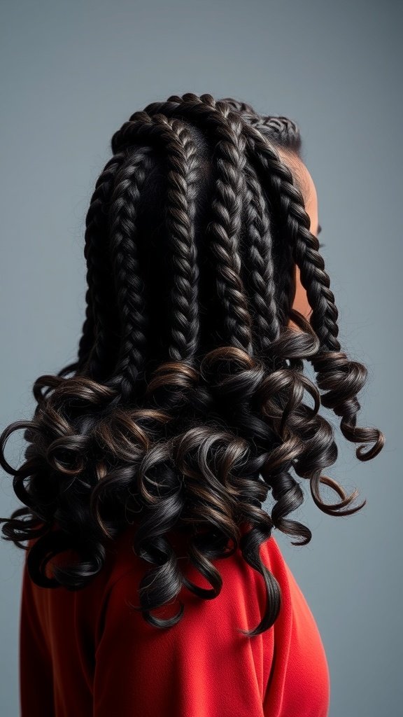 A woman with knotless braids and voluminous curly ends, showcasing a stylish hairstyle.
