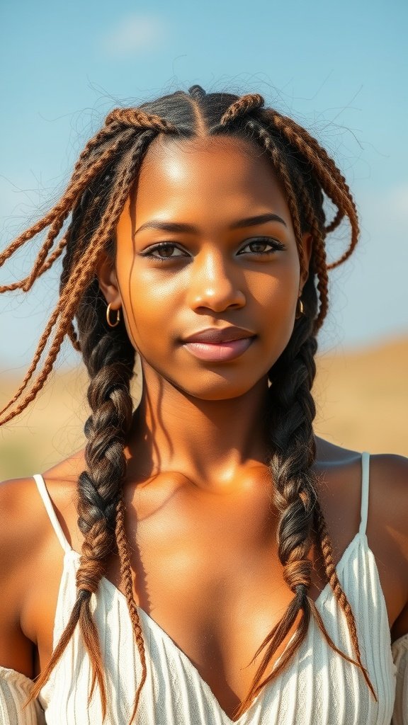 A woman with loose knotless braids, showcasing a relaxed and stylish look.