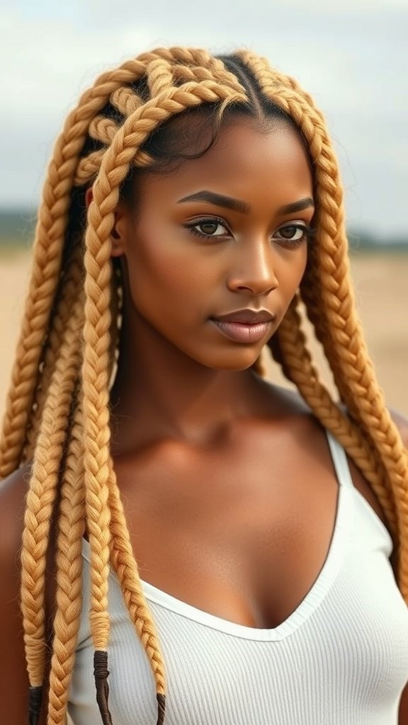 A woman with knotless lemonade braids styled in a natural look, showcasing golden tones and a relaxed vibe.