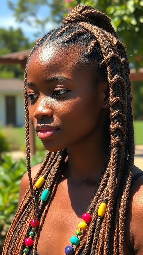 A woman with knotless lemonade braids adorned with colorful beads, showcasing a stylish and vibrant hairstyle.