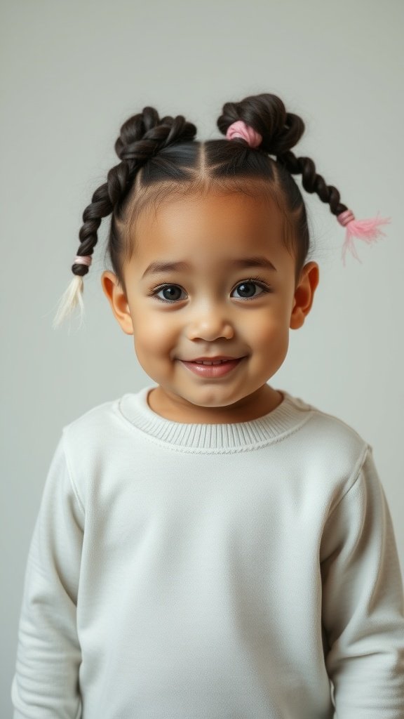 A smiling child with knotless twist braids styled in pigtails, featuring colorful hair ties.