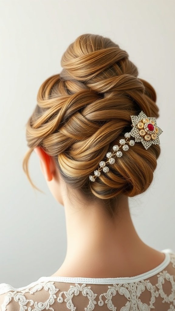 A woman with a stylish knotless twists updo featuring decorative hair accessories.