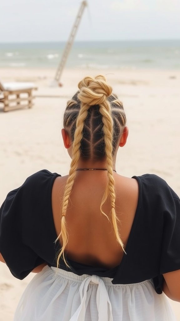 A person with knotless twist braids styled in a top knot, with loose strands, facing a beach.