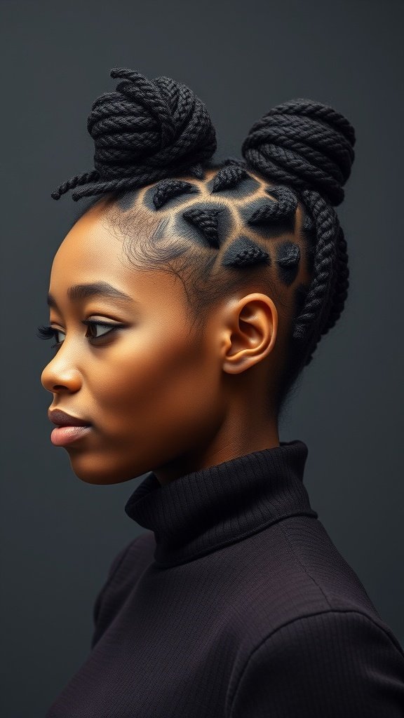 A close-up of a woman with knotless twist braids styled into playful buns, showcasing intricate patterns.