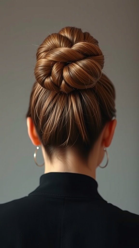 A woman with a stylish bun made from knotless twists, showcasing a polished and elegant hairstyle.