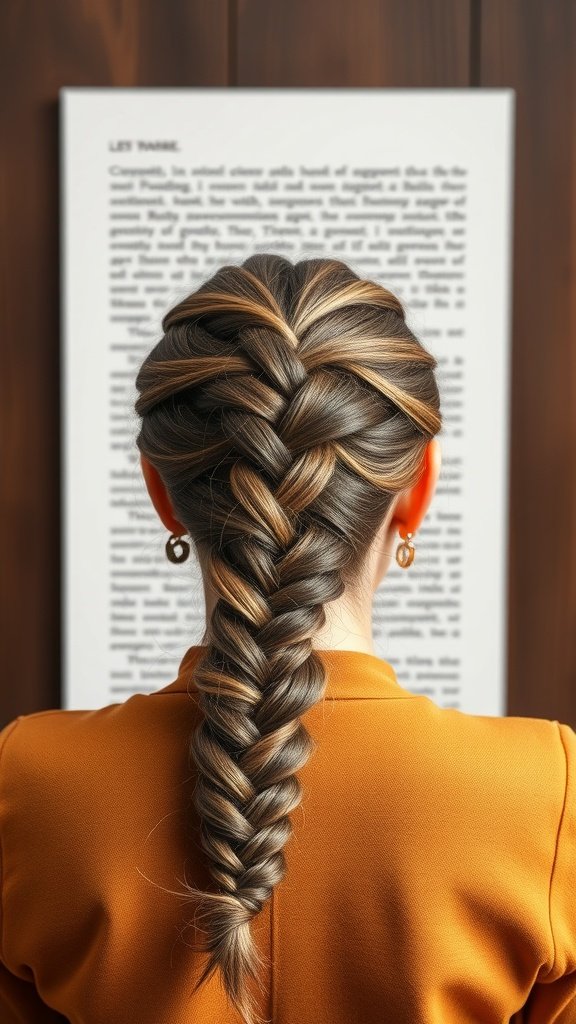 A woman with a chic fishtail braid styled from knotless twists, showcasing a blend of hair colors.