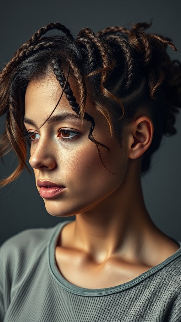 A close-up of a young woman with knotless twist braids styled dramatically to one side, showcasing texture and shine.