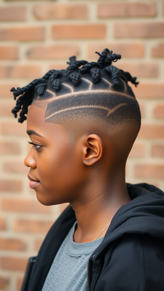 A person with knotless twist braids and a fade hairstyle, showcasing a stylish and modern look.