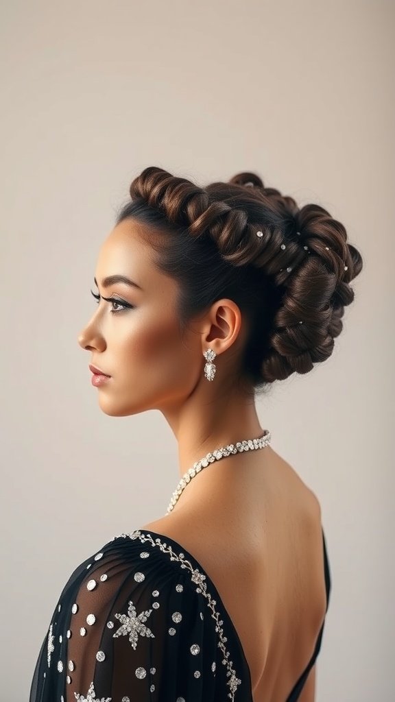 A woman with glamorous knotless twist braids styled elegantly, adorned with jewelry.