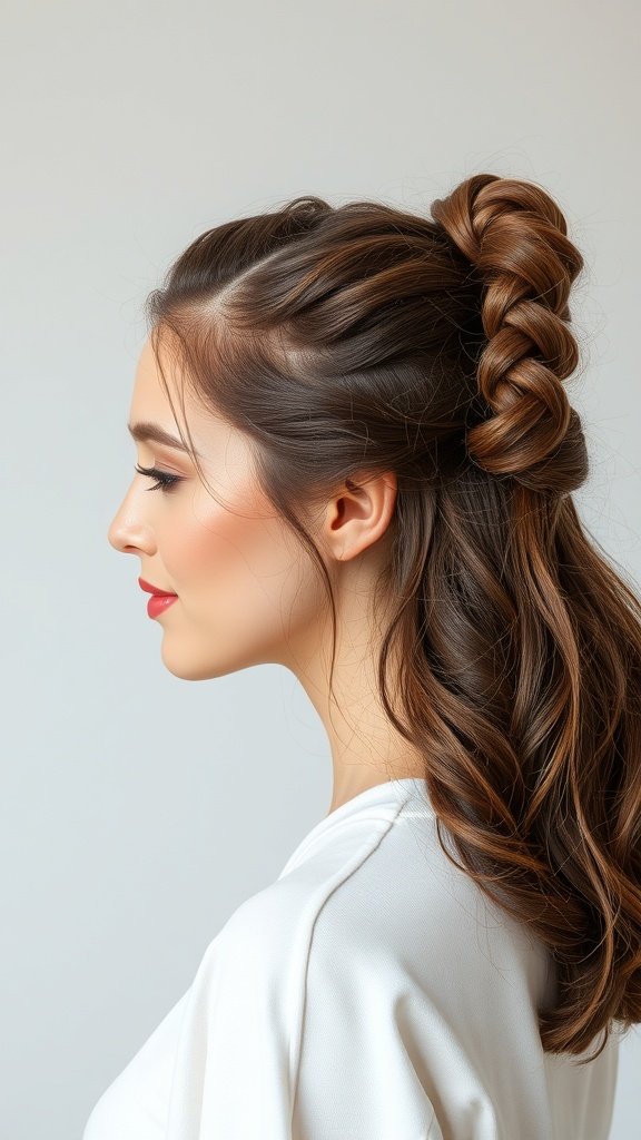 A woman with knotless twist braids styled in a half-up fashion, showcasing a chic and playful hairstyle.