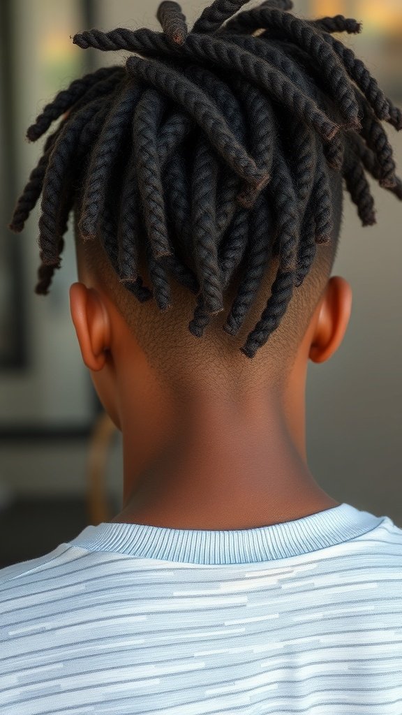 A close-up view of a person's back head featuring knotless twist braids styled in a layered effect.