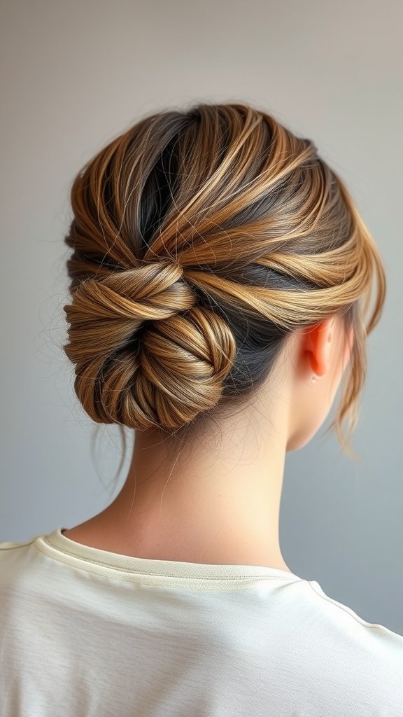 A woman with knotless twists styled into a low bun, showcasing a polished and elegant hairstyle.