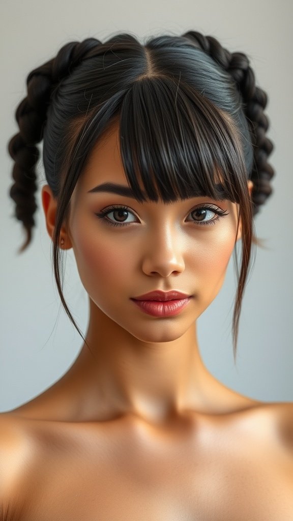 A young woman with knotless twist braids styled in a middle part, showcasing a smooth and polished look.