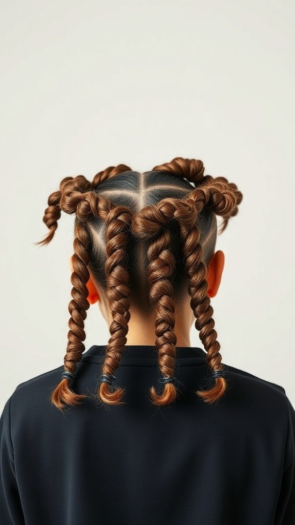 A close-up view of a playful knotless twist hairstyle with multiple twisted sections.