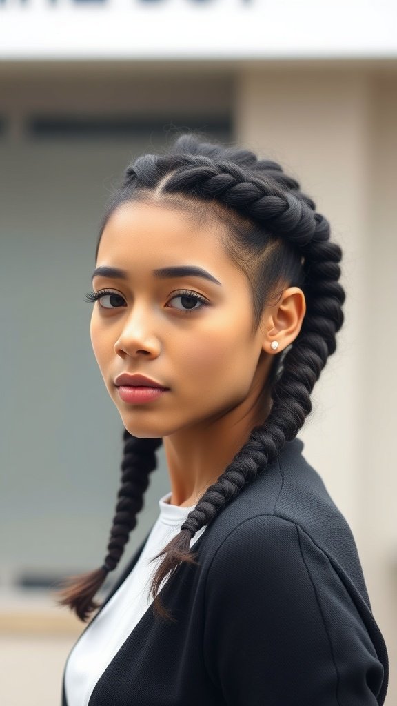A woman with knotless twist braids styled with a side part.