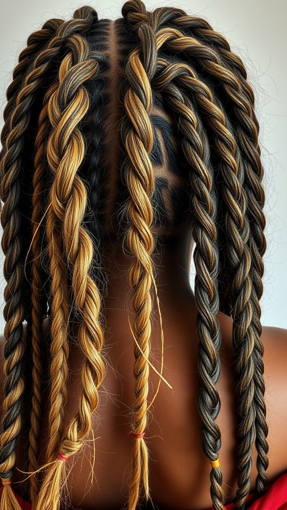 A close-up view of knotless twist braids with a mix of dark and light colors, showcasing a unique pattern and texture.