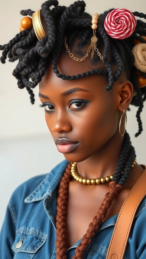 A close-up of a person with knotless twist braids styled with colorful accessories.