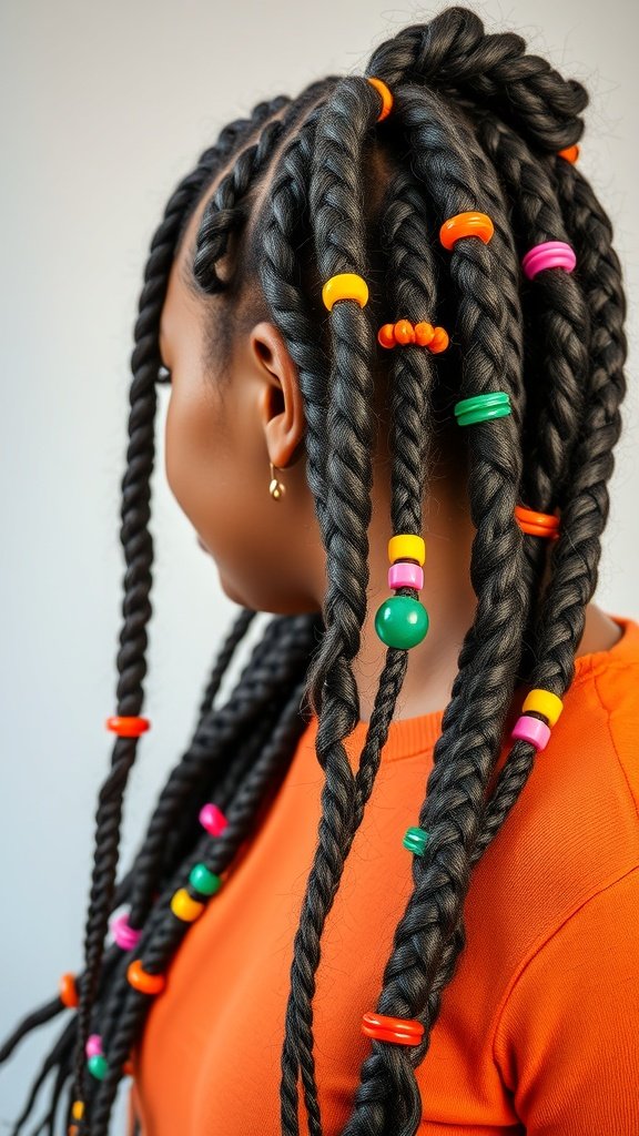 A close-up of a person with knotless twist braids adorned with colorful beads.