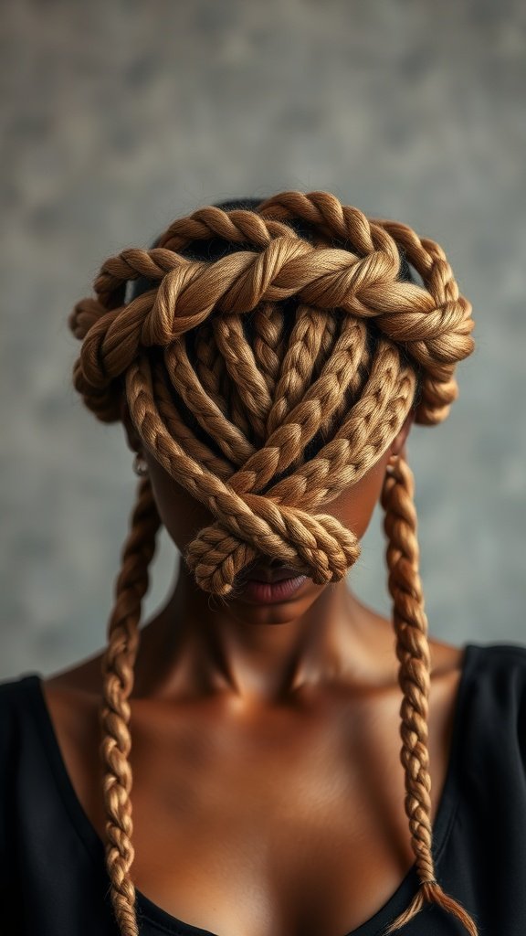 A woman with a braided crown made of knotless twists, showcasing a unique hairstyle.