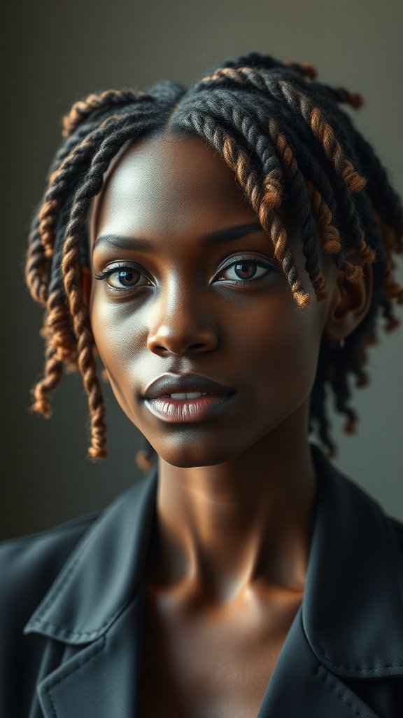 A close-up of a person with knotless twist braids featuring highlights.